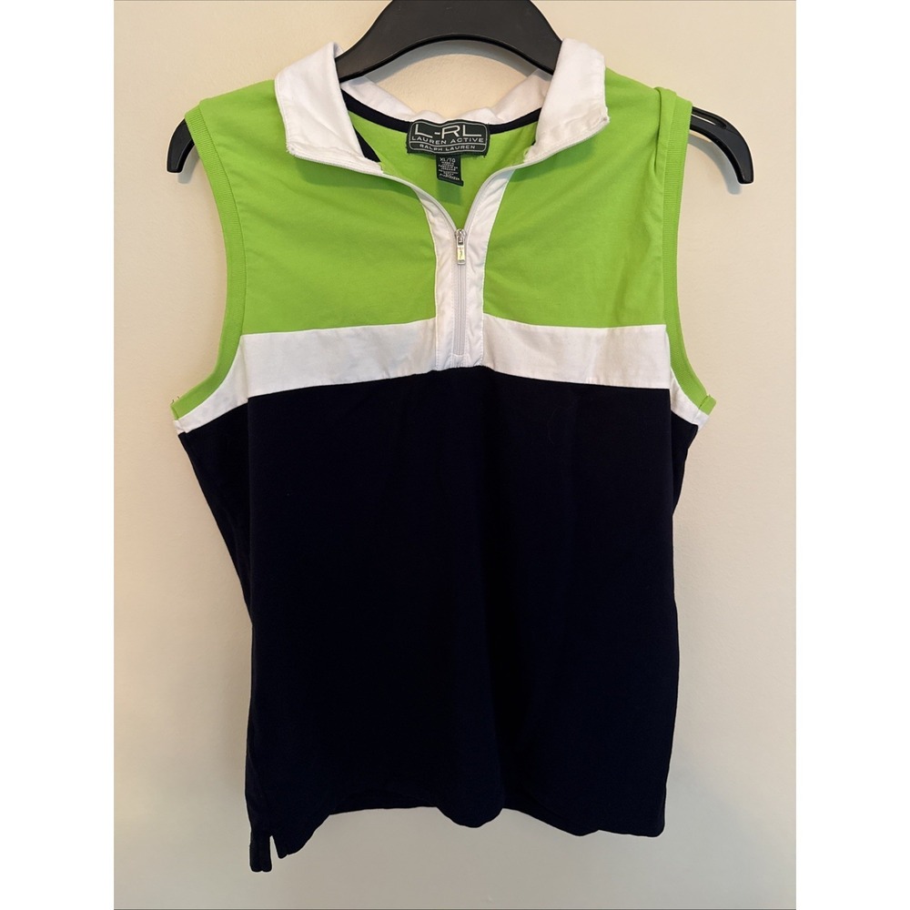 L-RL Lauren Active Sleeveless Tank Top 1/2 Zip Size XLarge Womens Green and Blue
